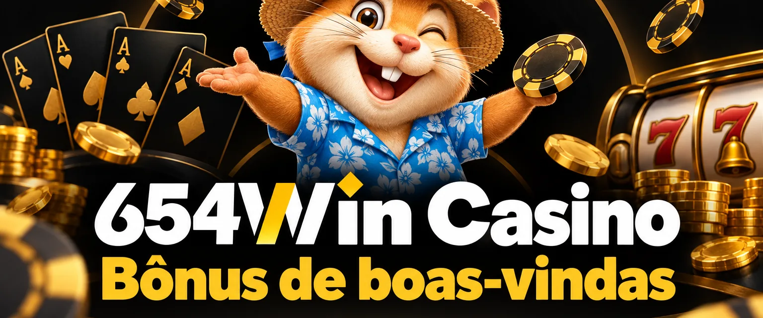 Banner do 654Win Casino com o mascote e a recompensa de inscrição de R$ 15